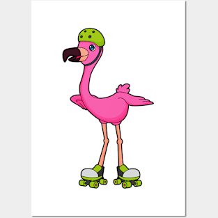 Flamingo as Skater with Roller skates & Helmet Posters and Art